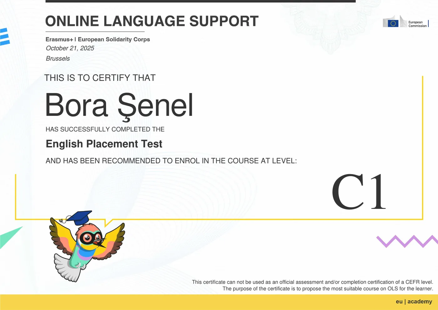 English Placement Test — C1 Course Recommendation belgesi