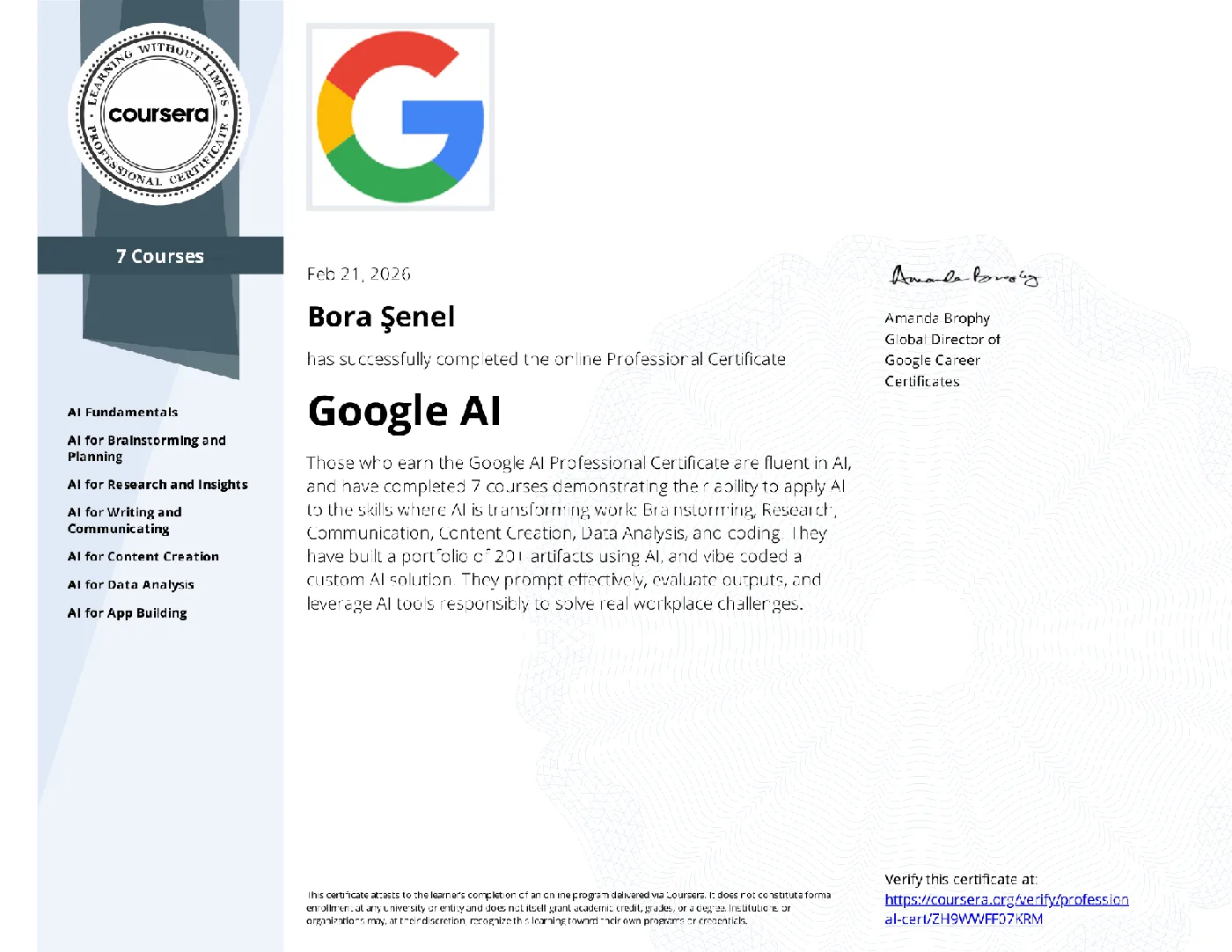 Google AI Professional Certificate belgesi
