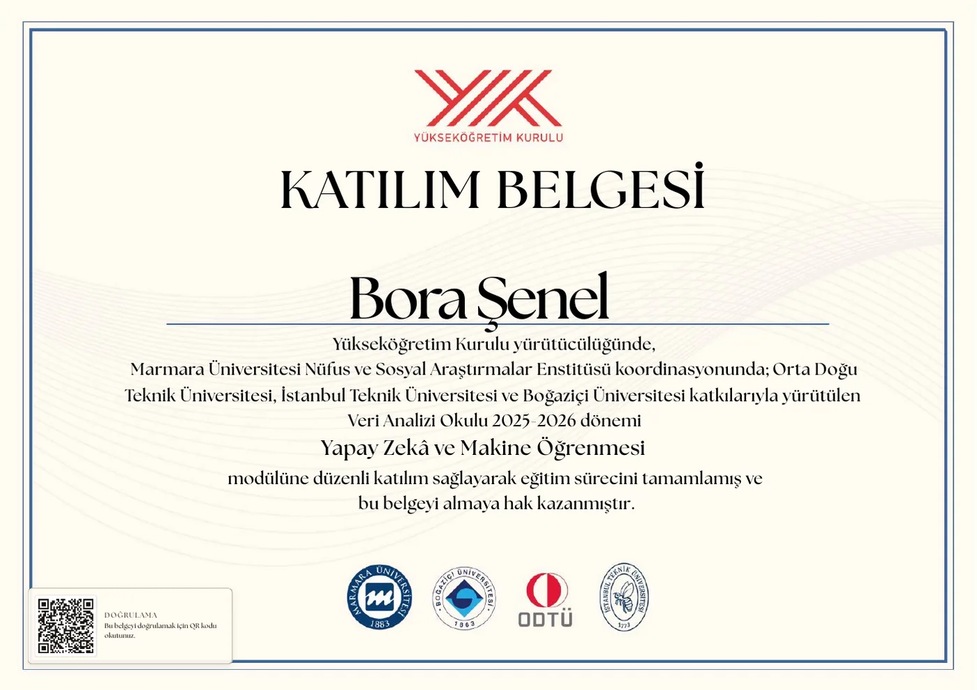 Yapay Zekâ ve Makine Öğrenmesi — Katılım Belgesi belgesi