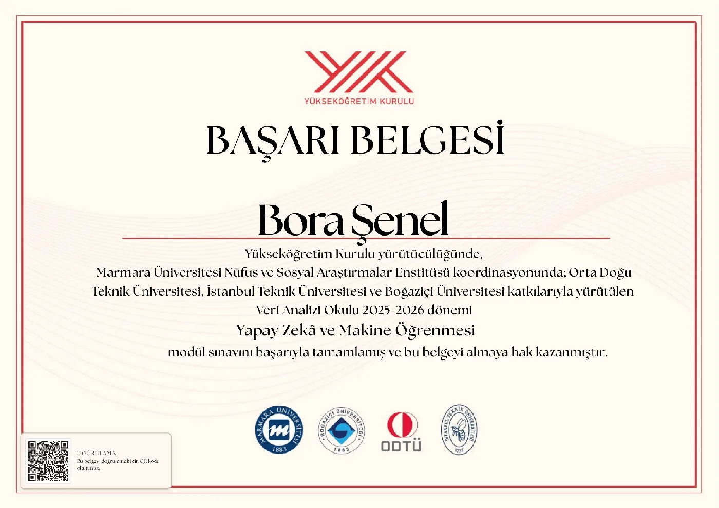 Yapay Zekâ ve Makine Öğrenmesi — Başarı Belgesi belgesi