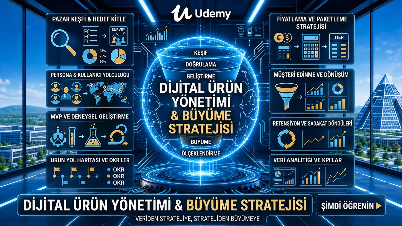Udemy dijital ürün yönetimi raporundaki wireframe, kullanıcı akışı ve roadmap görselleri