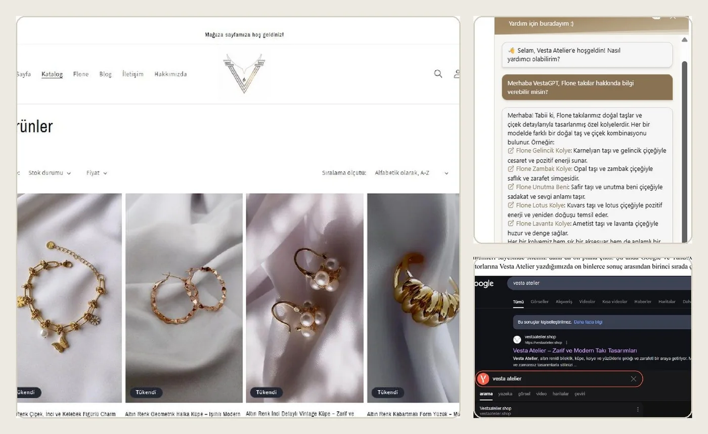 Vesta Atelier Shopify mağazası, VestaGPT chatbot ve arama görünürlüğü proje ekranları